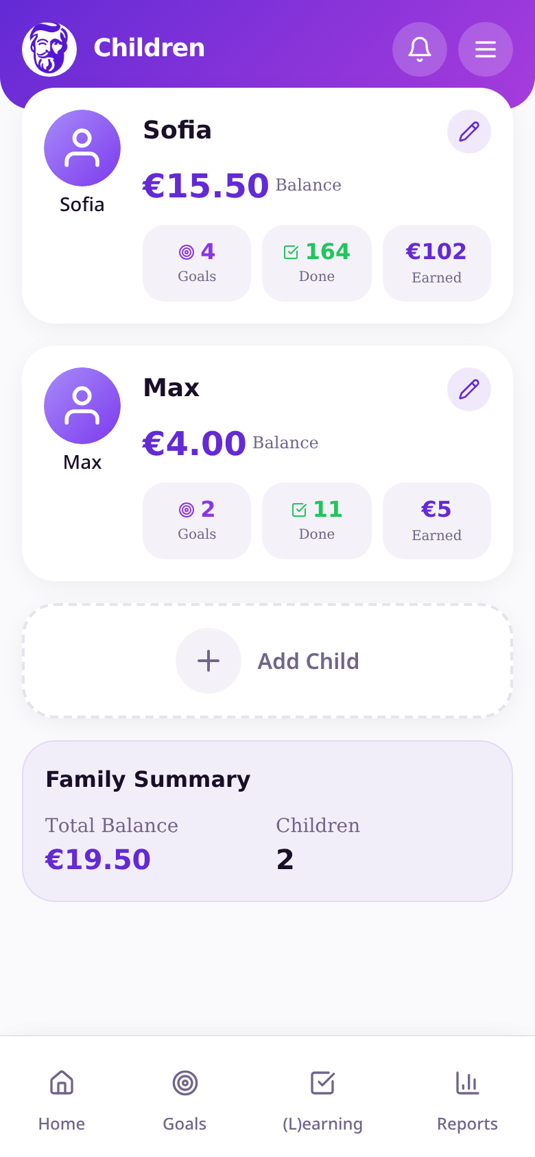 Parent adding kids and setting up chores in Amos.Kids