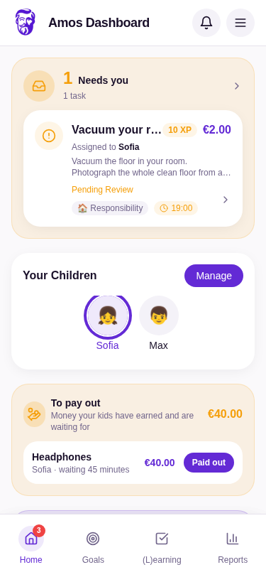 Amos.Kids chore and allowance app dashboard on a phone