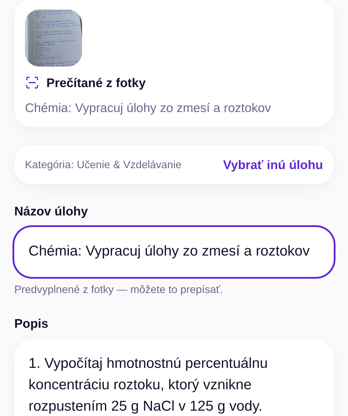 Formulár úlohy v aplikácii s náhľadom odfoteného zadania a vyplneným názvom